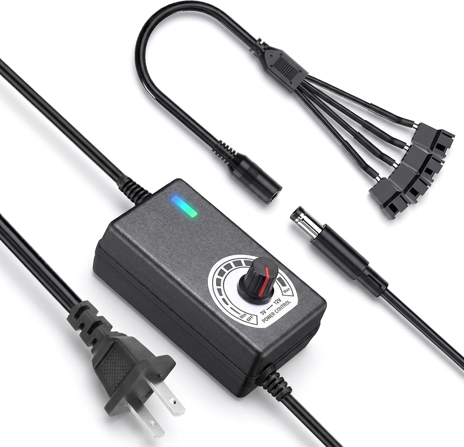 12V PC Fan Speed Controller, AC Plug with 4X 4-Pin Splitter Cable | 36W
