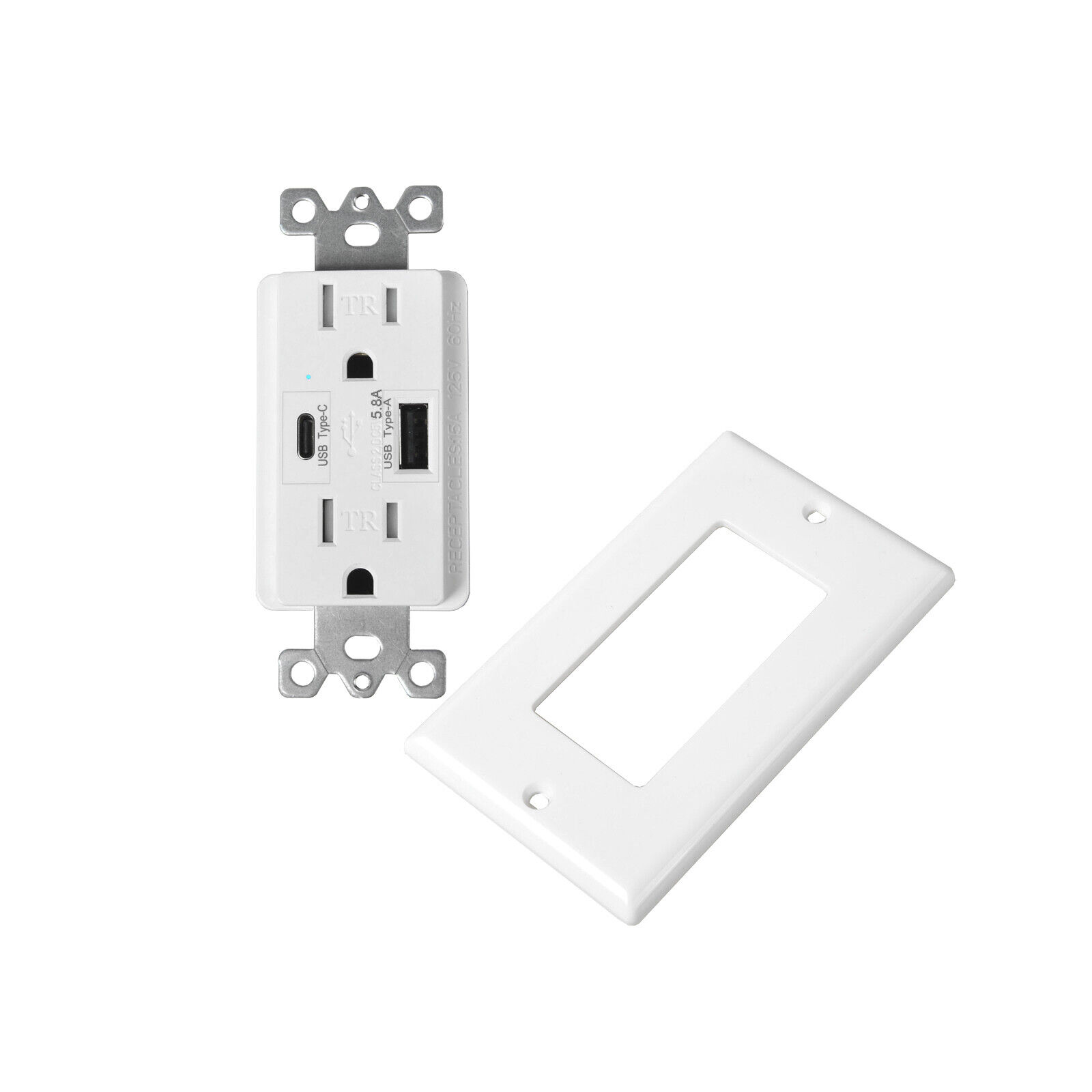 5.8A Type-C USB Charger 15A Wall AC Power Socket Outlet Duplex Receptacle White