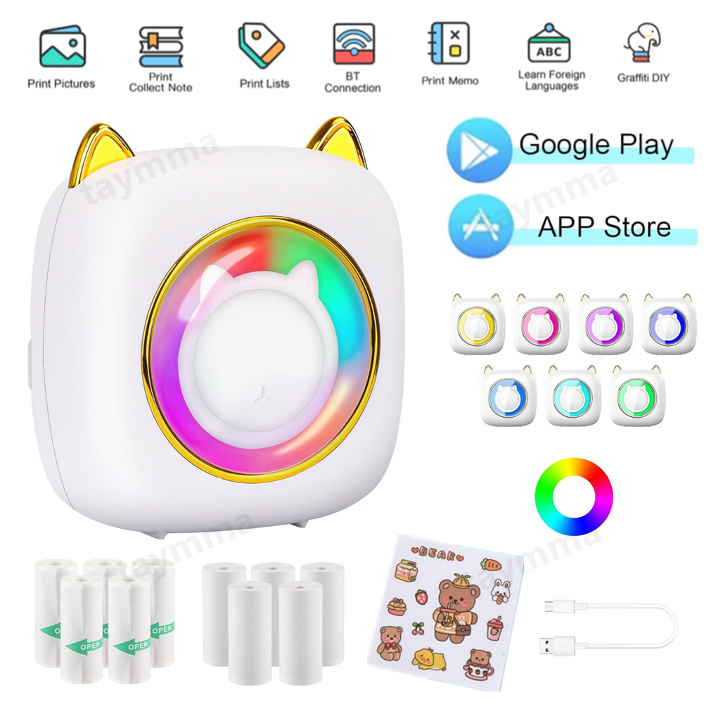 LED RGB Mini Pocket Thermal Printer Bluetooth Wireless Photo Label Printing USB