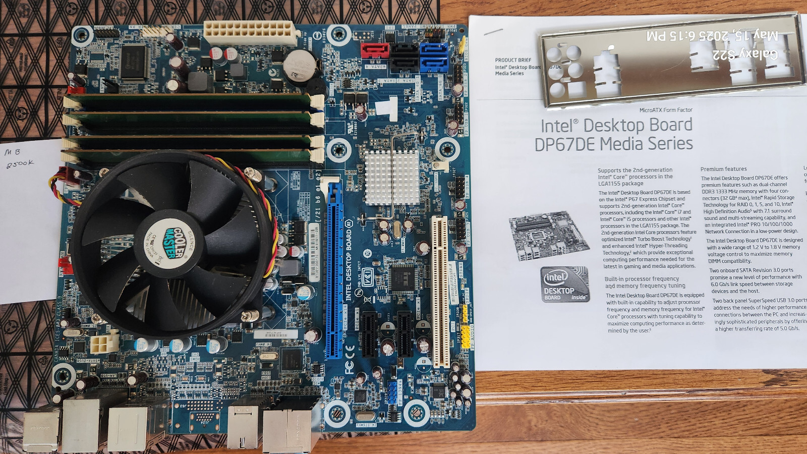 Intel DP67DE Micro ATX Motherboard w/ i5 2500K CPU 8gb mem IO Shield brochure