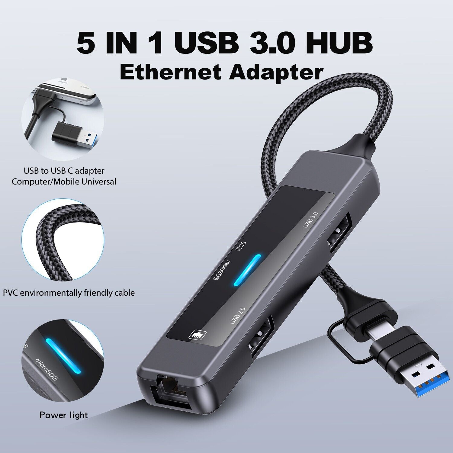 Dbit 5-in-1 USB 3.0 Hub Ethernet Adapter Type-c Docking Station Network Splitter