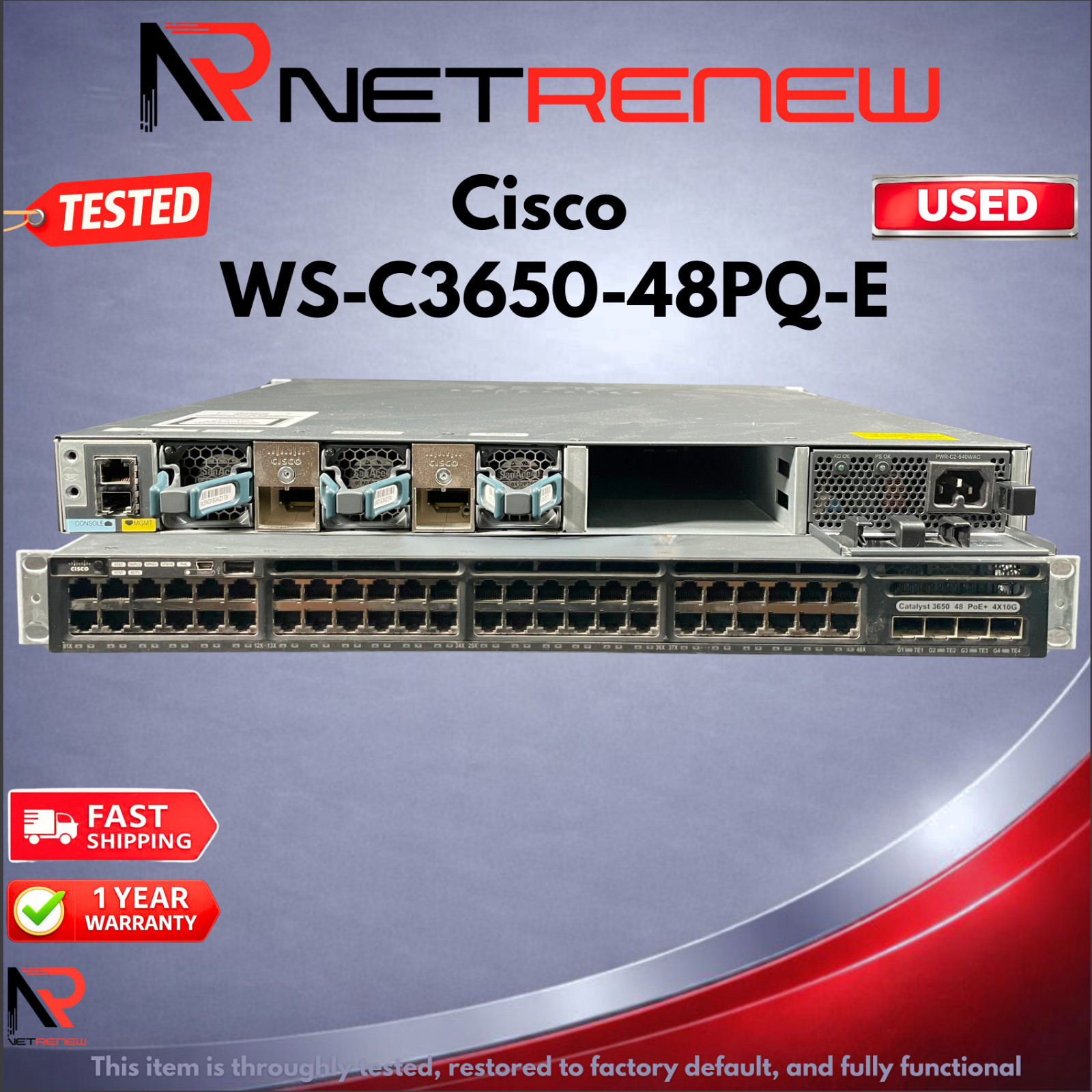 CISCO WS-C3650-48PQ-E 48 Gigabit Ethernet PoE+ ports 4x 10G SFP+ uplinks