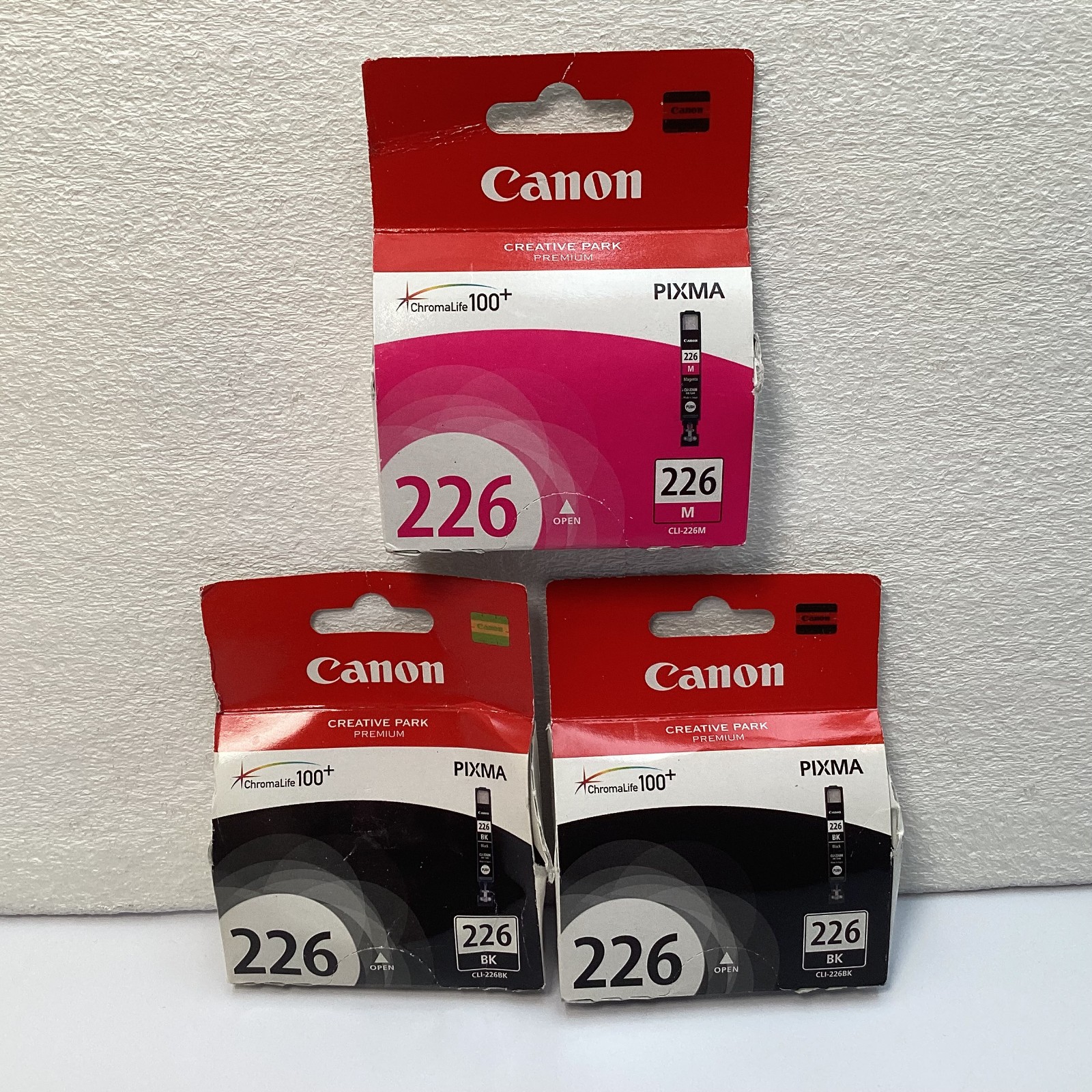Lot of 3 Canon PIXMA 226 Ink Cartridges (2) CLI-226BK Black (1) CLI-226M Magenta