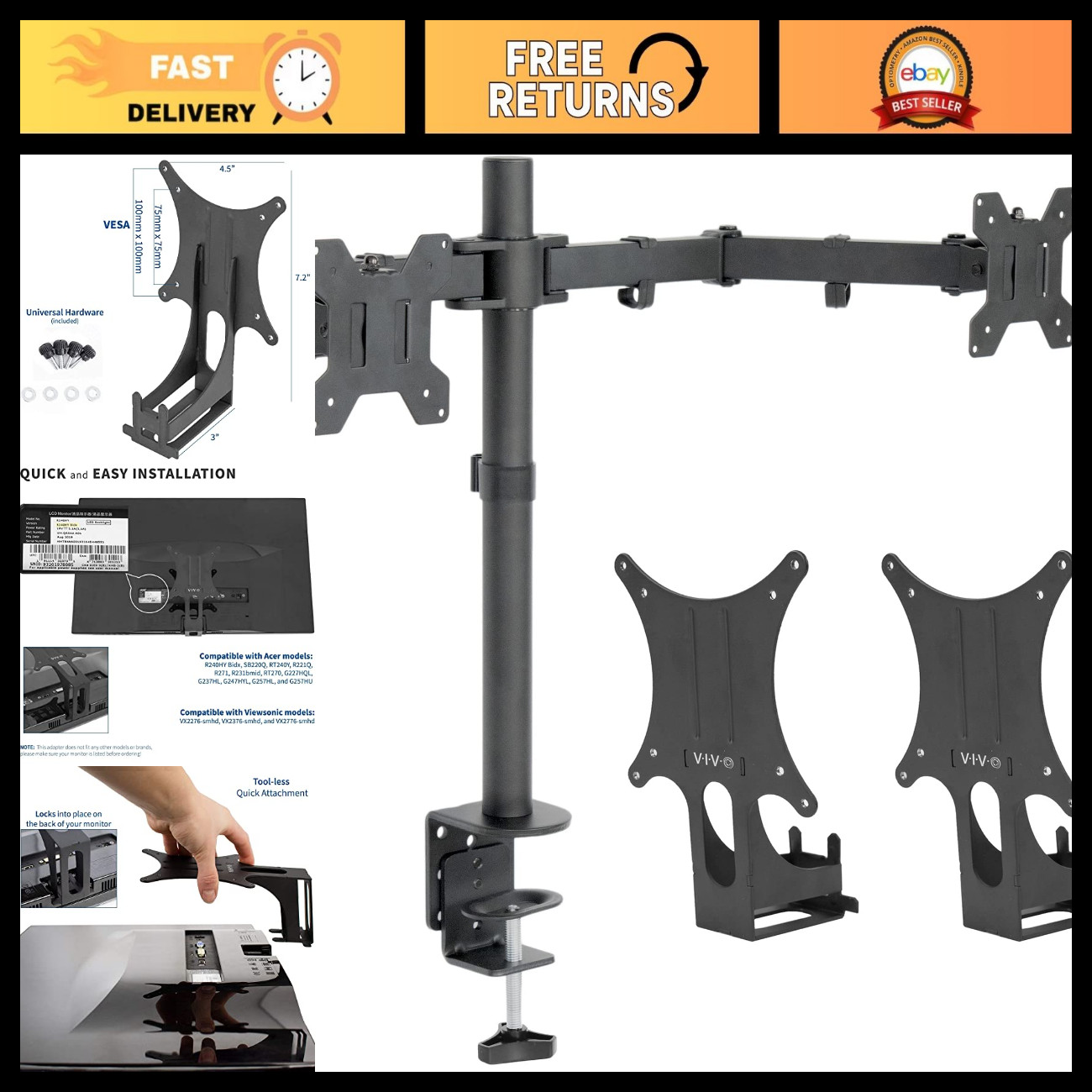 VESA Quick Attach Dual Monitor Mount Adapters for 13-27" Acer & Viewsonic Monito
