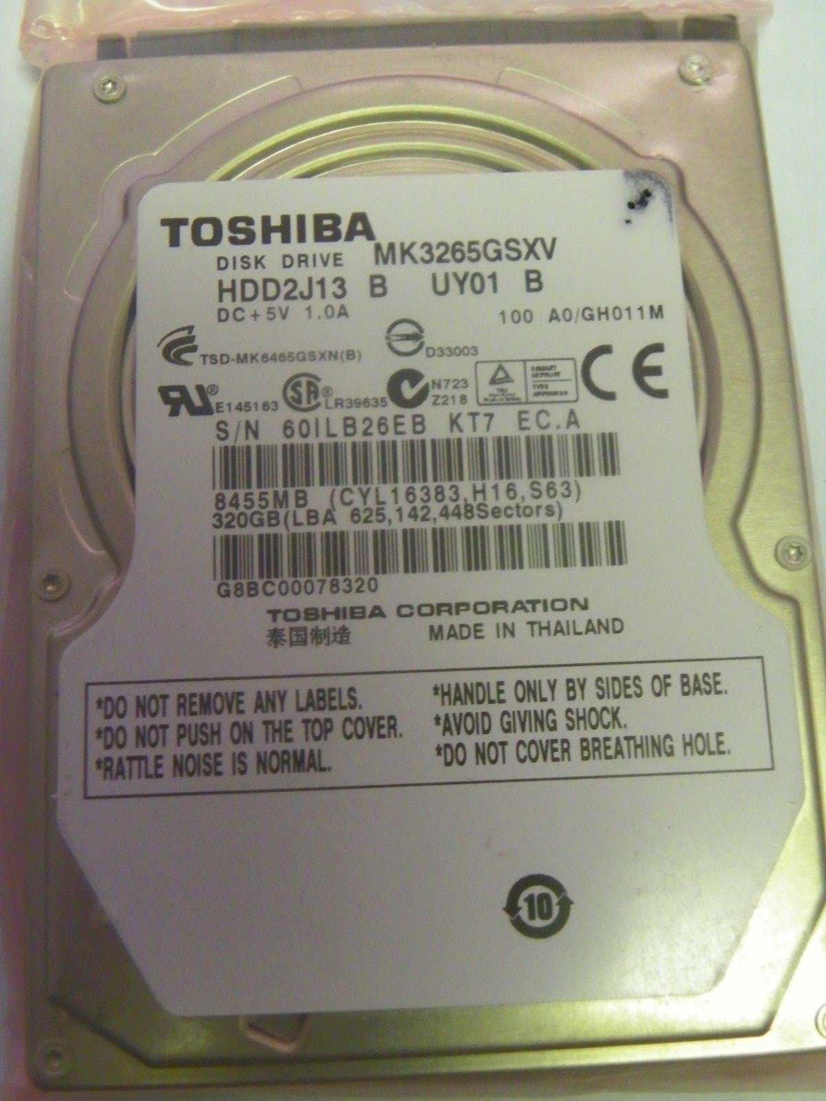 Toshiba MK3265GSXV (HDD2J13 B UY01 B) 100 A0/GH011M Laptop 320GB 2.5" SATA HDD