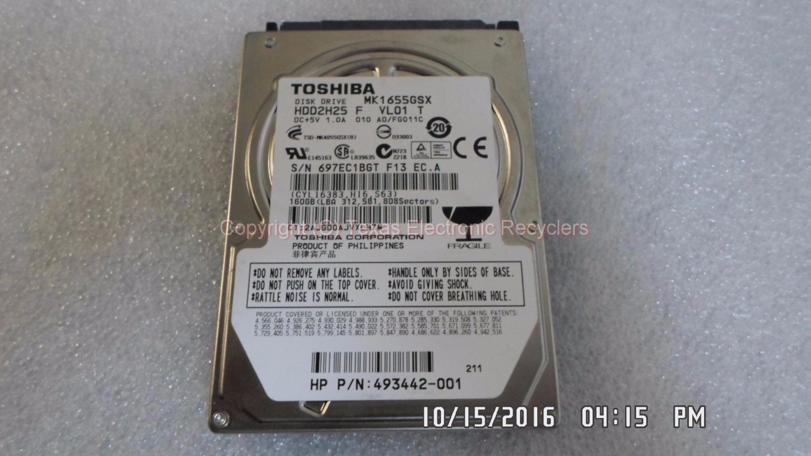 TOSHIBA MK1655GSX HP 493442-001 160GB 2.5" HDD