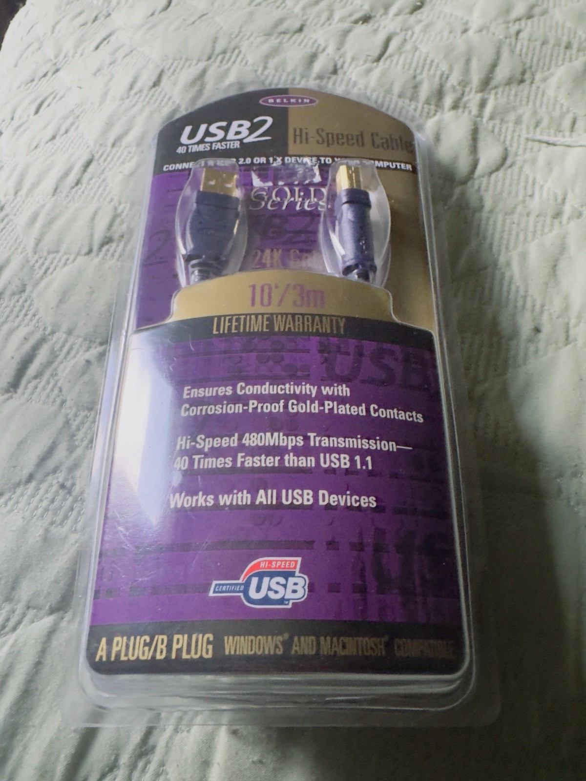 Belkin USB2 Hi Speed Cable 10 Feet Gold Plated Contacts USB 2x Or 1x, NEW SEALED