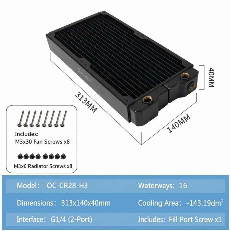 280mm Copper Radiator 3/4/6-Port G1/4 16-Way Industrial Heat Exchanger