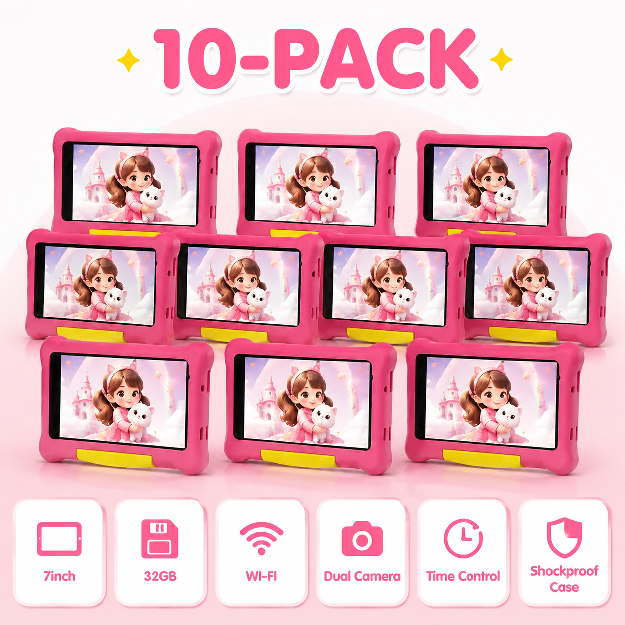10PCS Kids Tablet 7" IPS Touch Android 32GB Wifi Taablet Quad-Core W/Shockproof