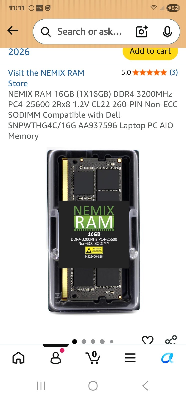 Nemix ram 16 Total GB Pc4-2666 2Rx8 ECC SODIMM M8E21300-628