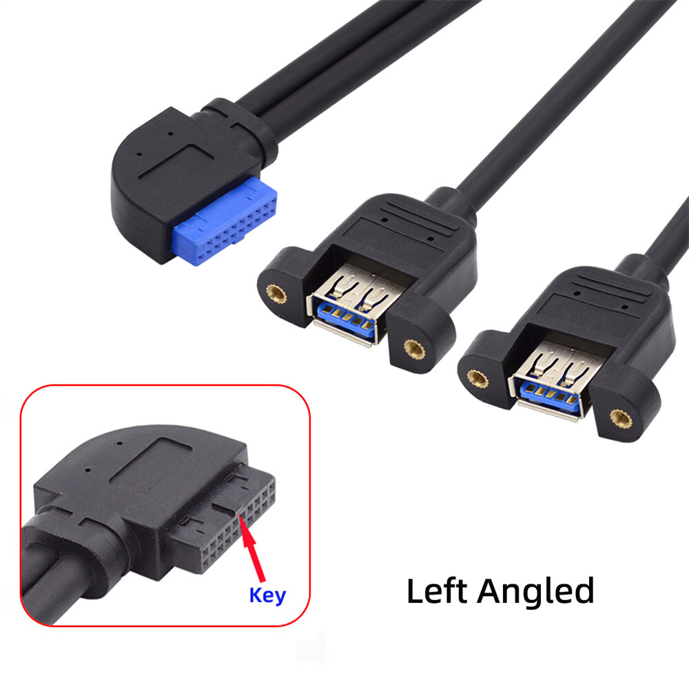 CY Angled 19/20Pin Header to USB 3.0 Dual Ports Screw Mount Type Cable 5Gbps