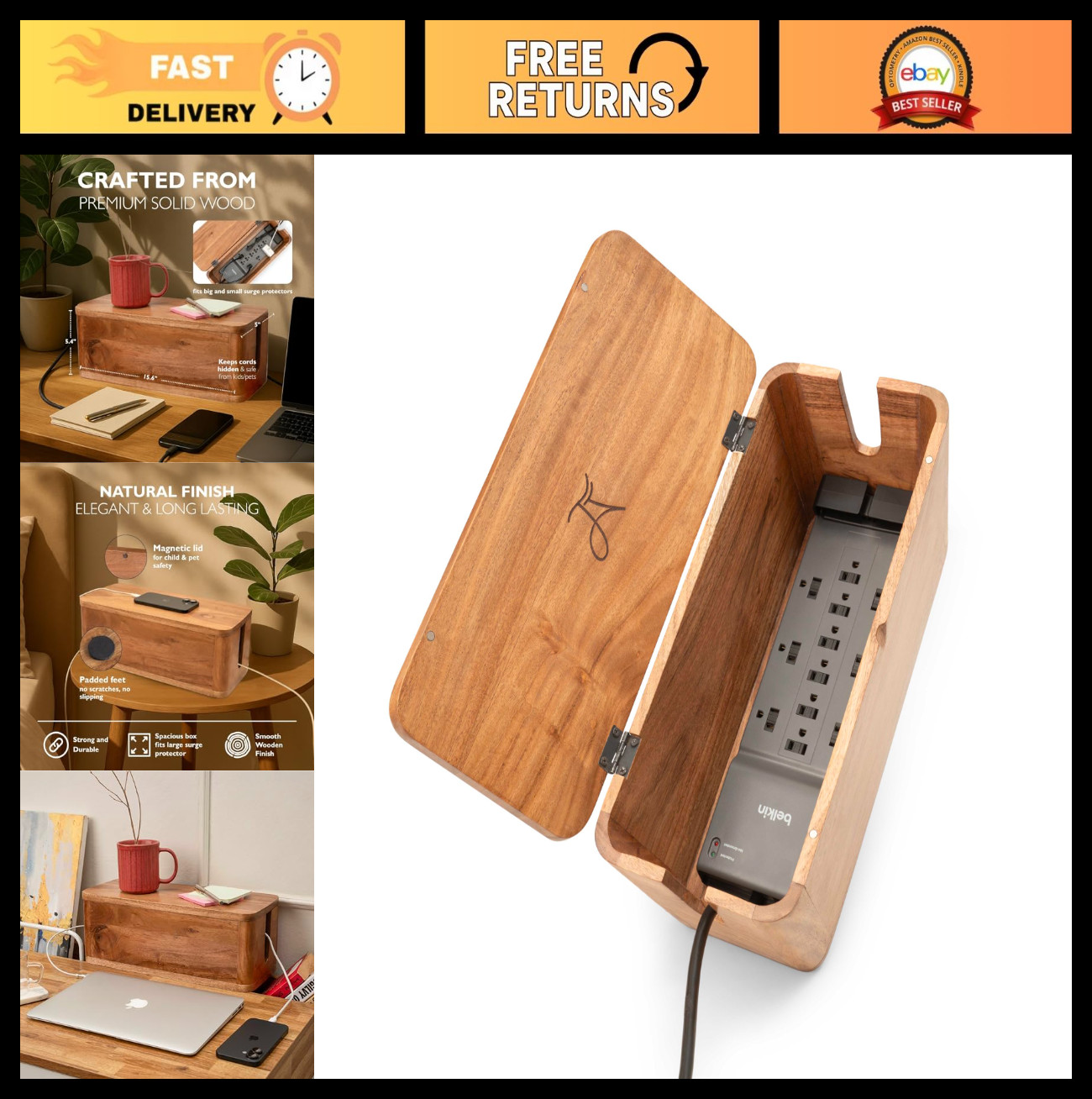 Large Cable Management Box - Acacia Wood Organizer for Cords & Power Strips - Hi