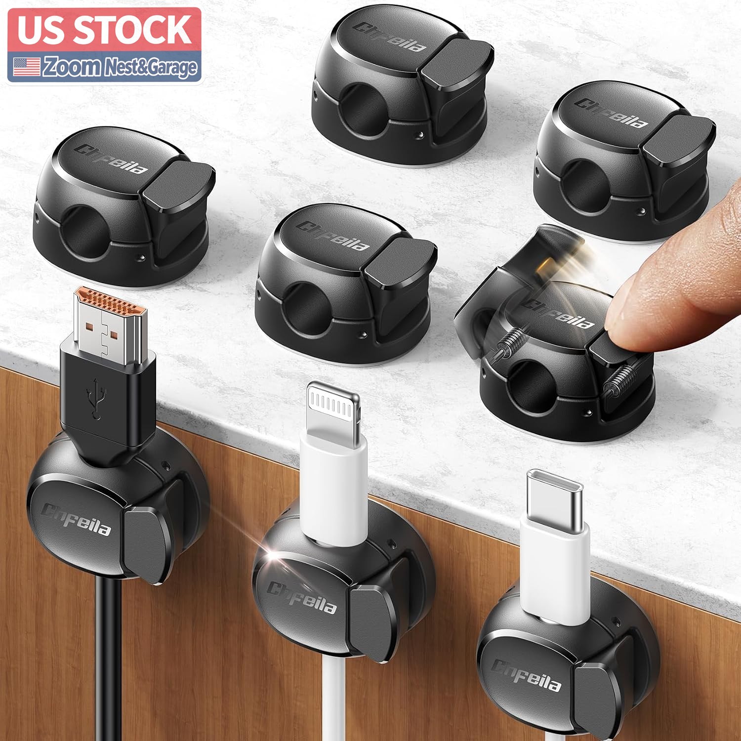 US Stock 8-Pack Cable Clips Quick-Lock, Desk Cord Organizer for Dorm/Office
