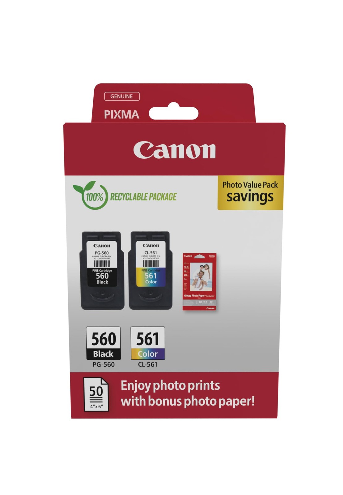 Canon PG-560 / CL-561 Genuine Ink Cartridges, Pack of 2 (1 x Black, 1 x Colour);