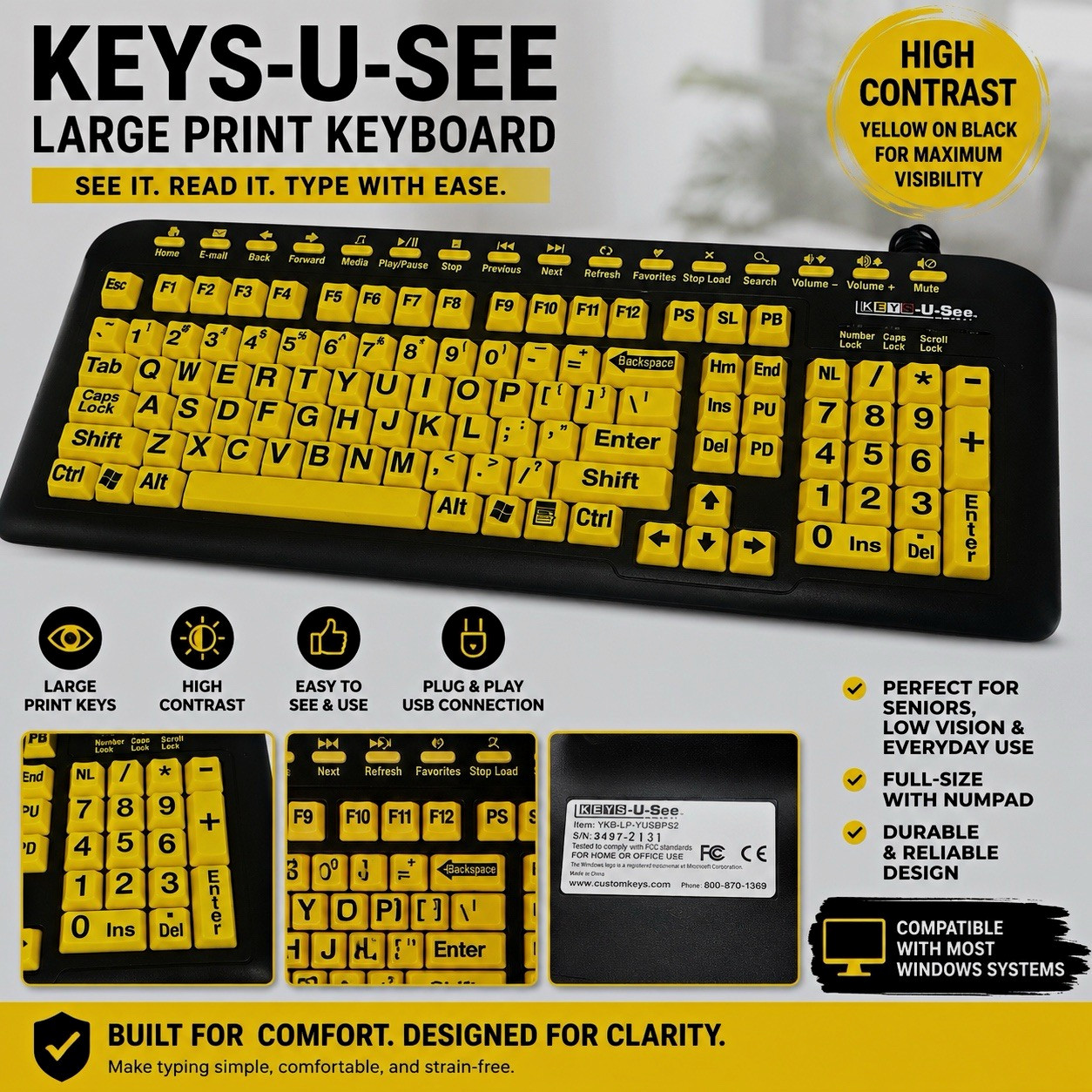 Keys-U-See Large Print High Contrast USB Keyboard Yellow/Black QWERTY English
