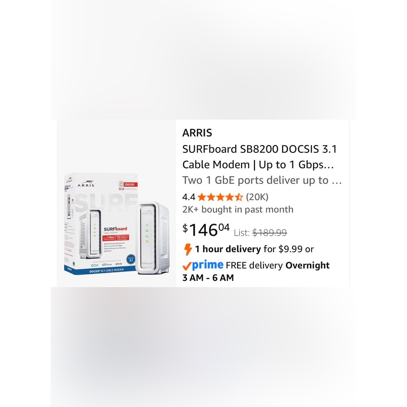 ARRIS SURFboard SB8200 White DOCSIS 3.1 Cable Modem - High-Speed Connectivity