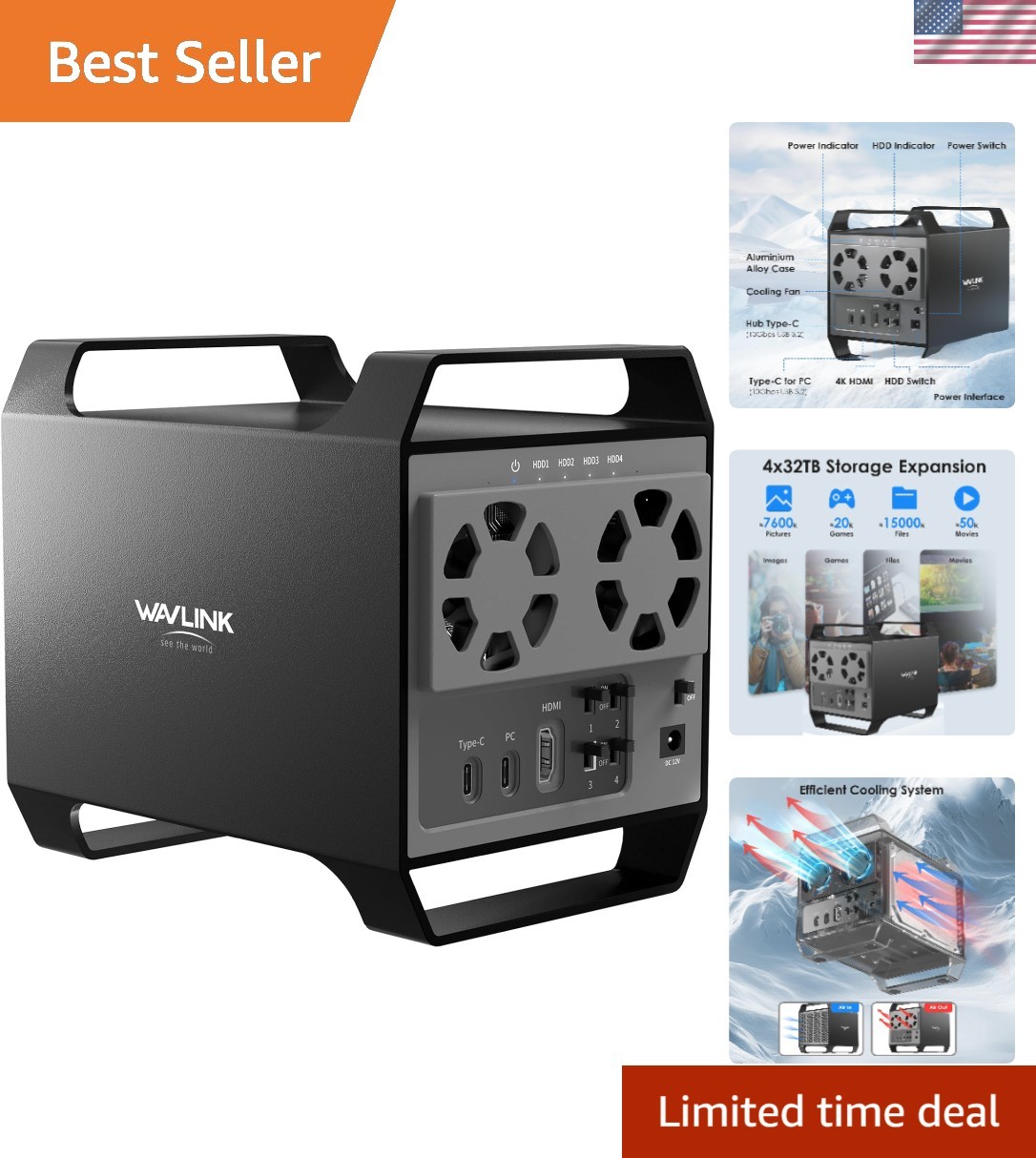 4-Bay Hard Drive Enclosure for 3.5" and 2.5'' SATA HDD/SSD Featuring 10Gbps U...