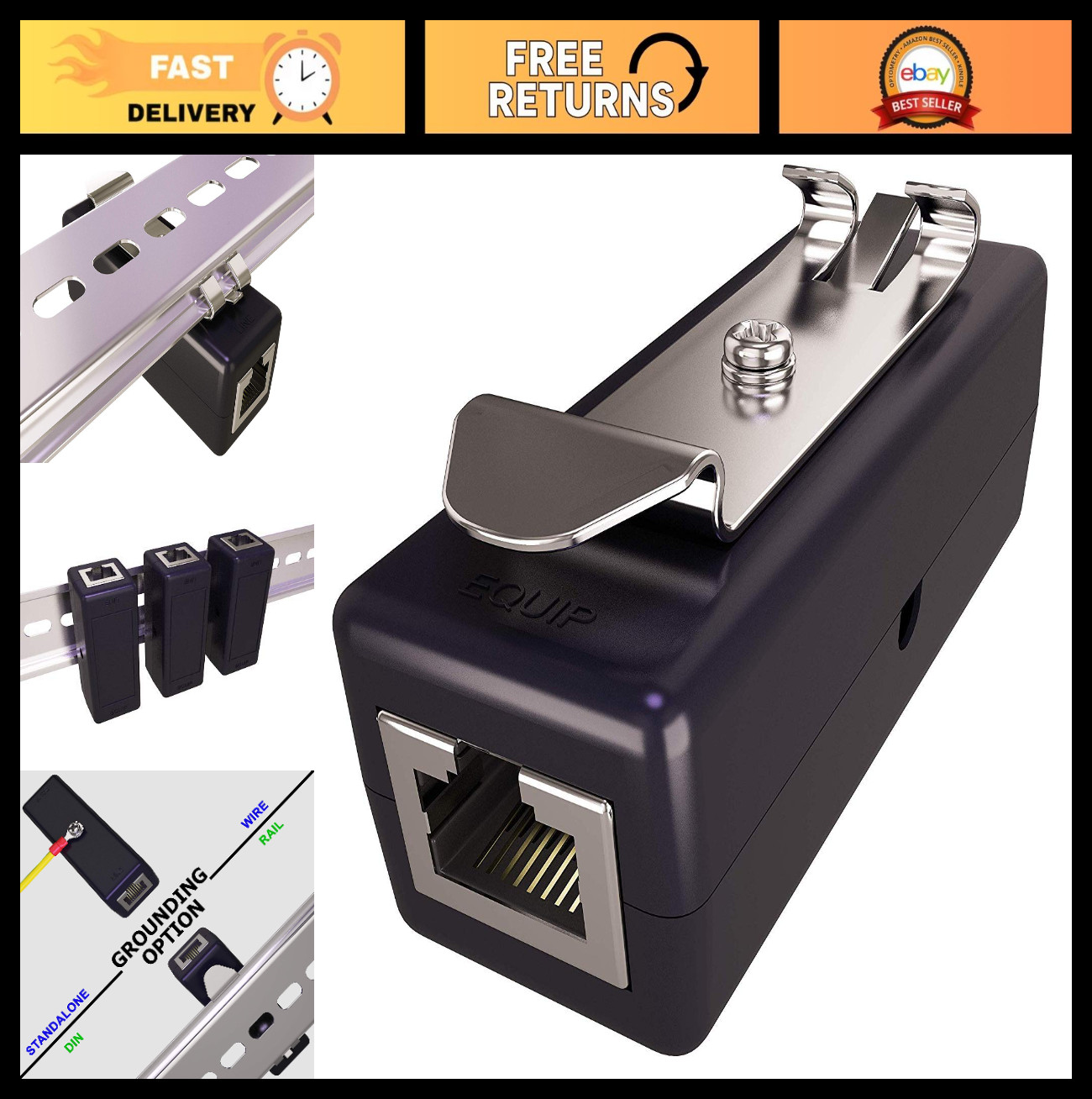 Ethernet Surge Protector for DIN Rail - PoE+ & Gigabit Compatible, Clips to Rack