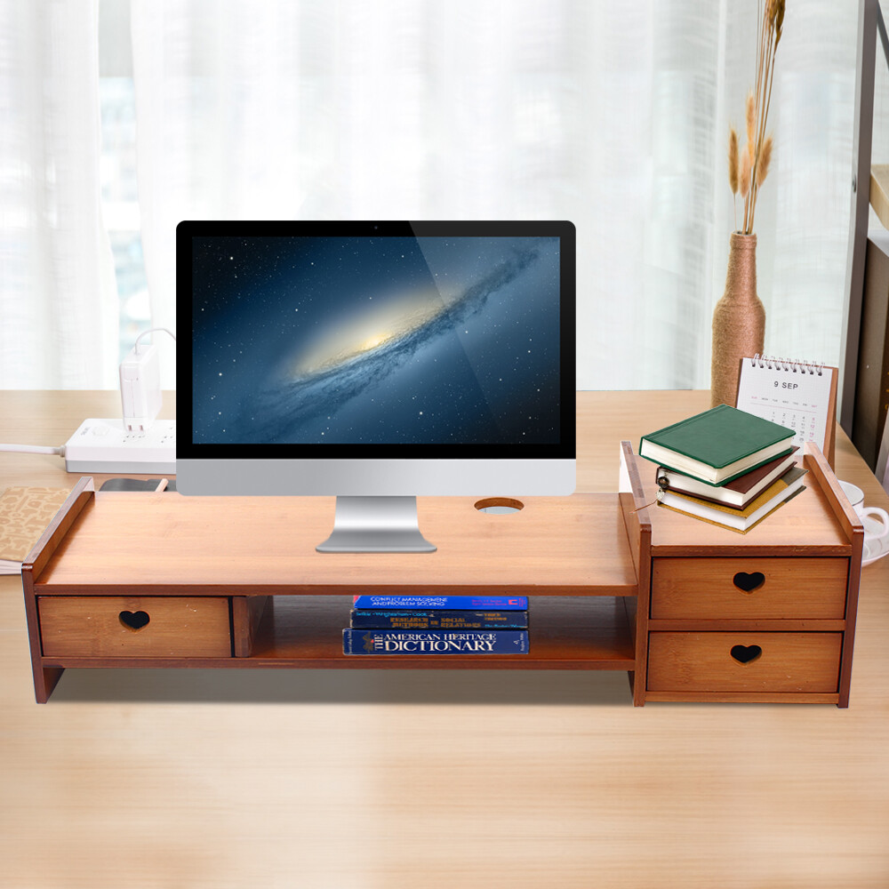 Sturdy Bamboo Monitor Stand Riser with Drawer - Space-Saving Organizer