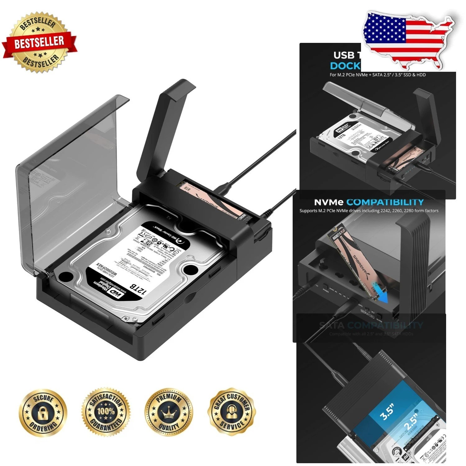 USB-C Docking Station: NVMe M.2 + SATA SSD/HDD Enclosure, 10Gbps, Clone