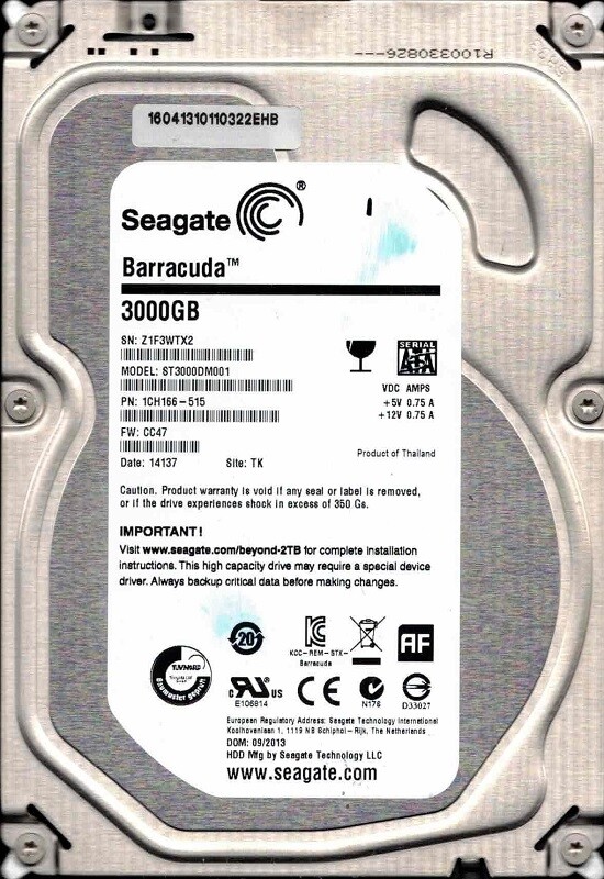 ST3000DM001 F/W: CC47 P/N: 1CH166-515 TK Z1F 09/2013 Seagate 3TB Desktop HDD