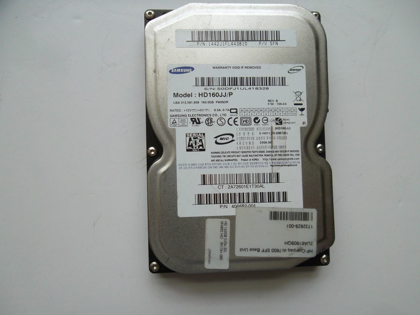 HP Samsung SATA 3.0GB/s 160GB Hard Drive 7.2K 3.5" 8.9ms HD160JJ 8MB 391741-001