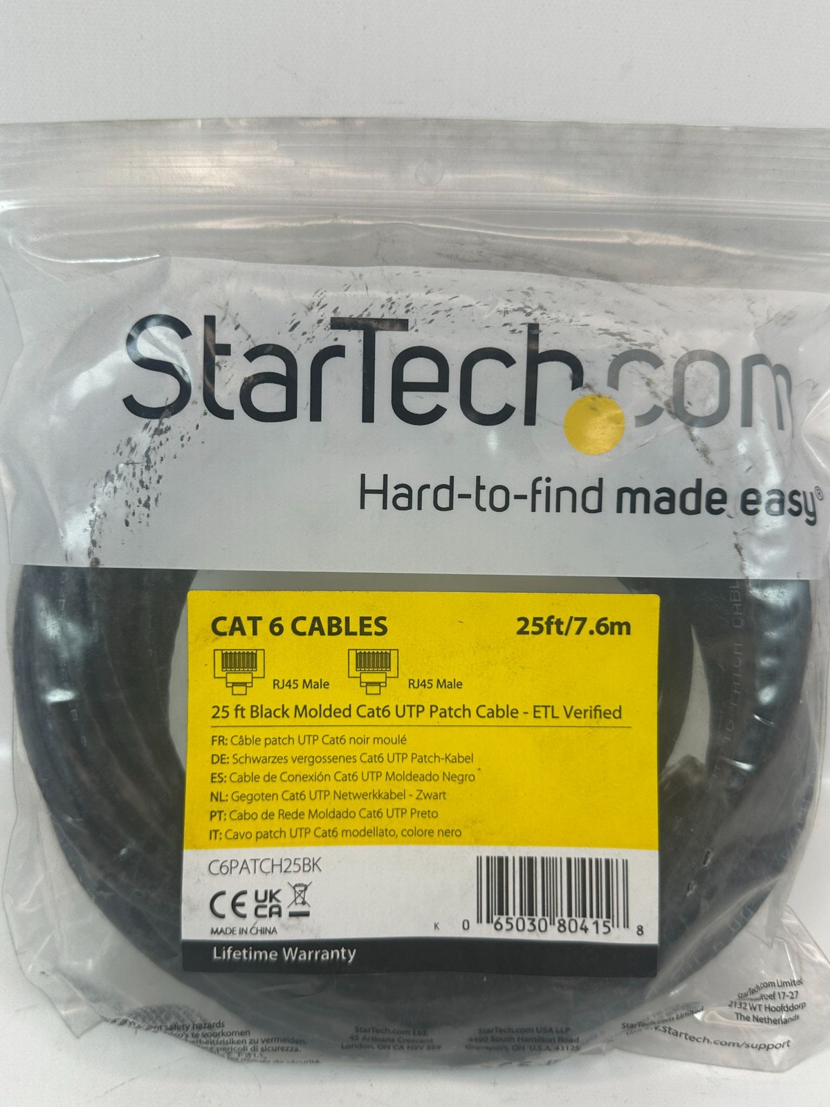 StarTechC6PATCH25BK Cat 6 UTP Patch Cable 25ft Black Molded ETL