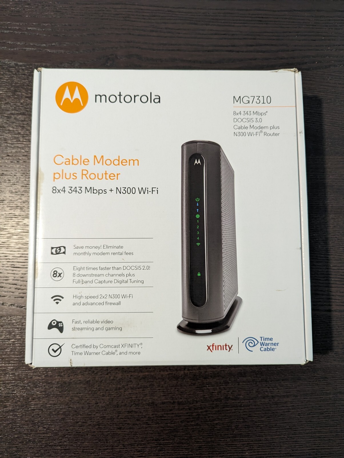 Motorola MG7310 8x4 343Mbps DOCSIS 3.0 Cable Modem plus N300 Wi-Fi Router