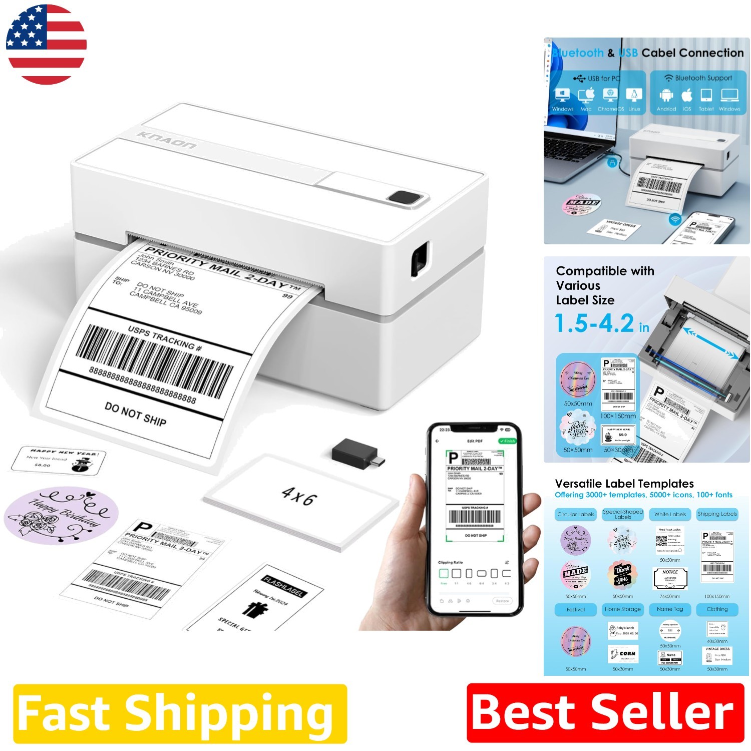 High-Speed 4x6 Thermal Printer, Bluetooth & USB, Versatile DIY Labeling, White
