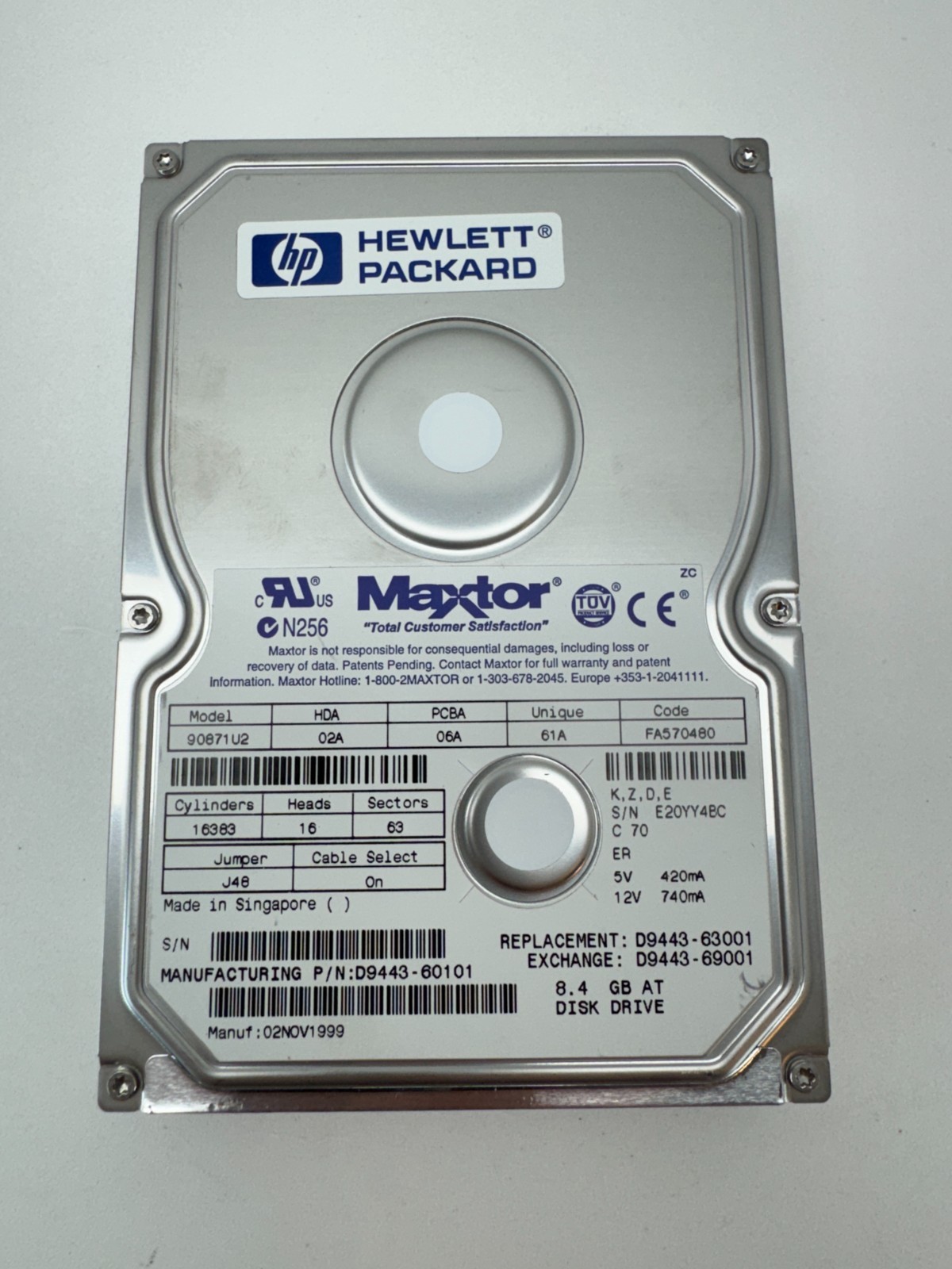 Vintage Maxtor 90871U2 8.4GB 3.5 IDE HDD HP OEM 5400RPM Ultra ATA/66
