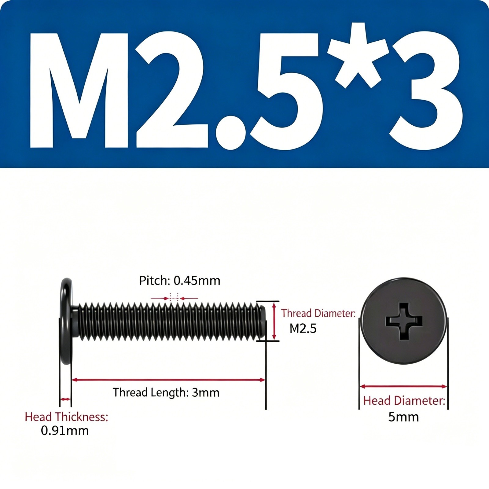 50pcs M2.5x3mm Black Phillip Wafer Flat Head Machine Screw Bolt Laptop notebook
