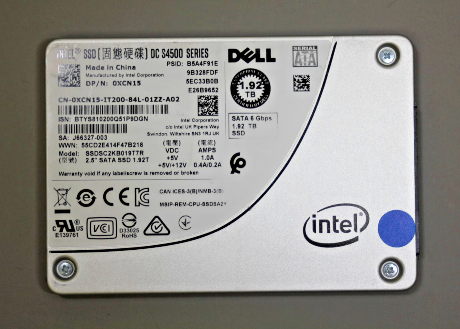 Dell 0XCN15 1.92TB Intel SSD DC S4500 Series SSDSC2KB019T7R SATA 90-99% Health