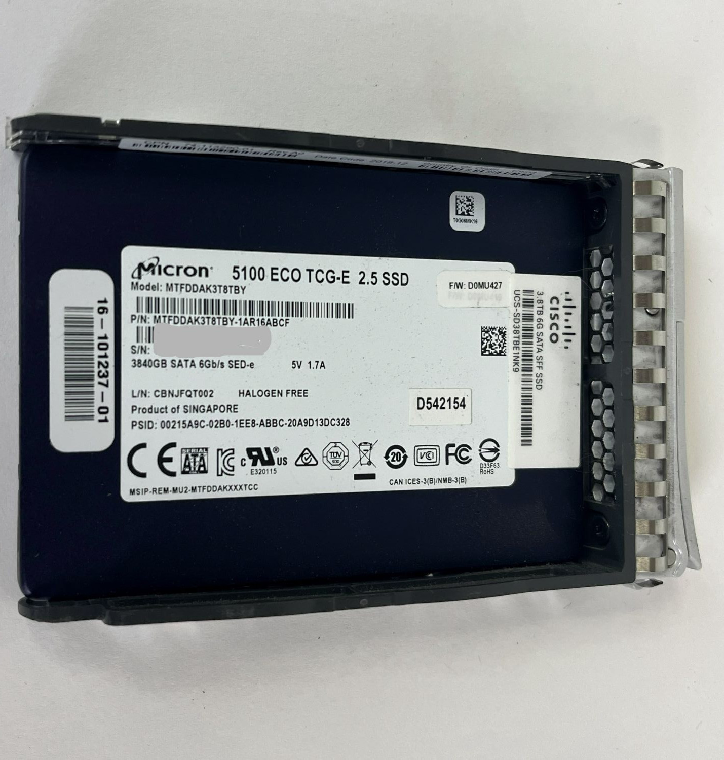 Cisco UCS-SD38TBE1NK9 Micron 5100 MTFDDAK3T8TBY 3.84TB SATA 6G SSD W/ Tray 80%