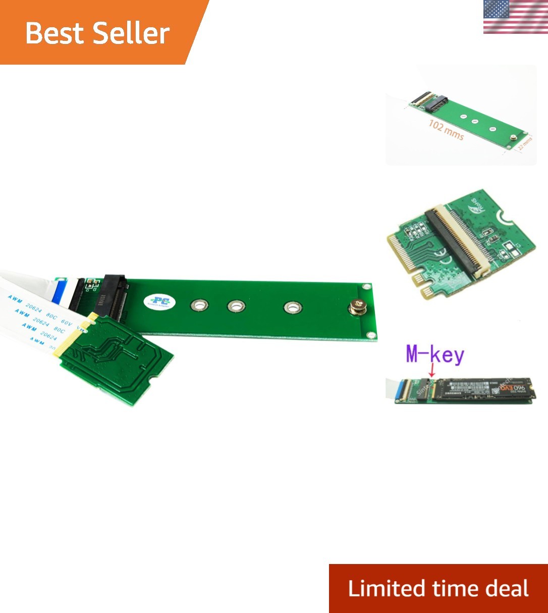 M.2 NGFF NVME SSD to M2 A/E Key Port with 20cm Cable Only Provide PCIe 1X Lane