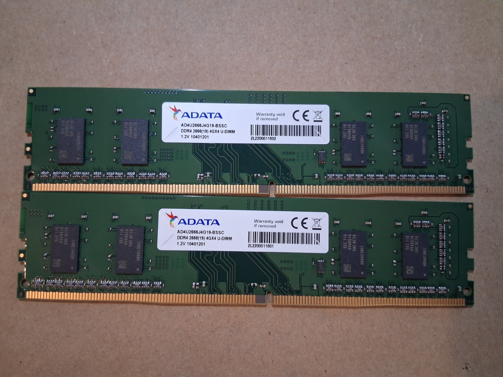 Lot of 2 ADATA 4GB DDR4 2666MHz RAM - Model AD4U2666J4G19-BSSC