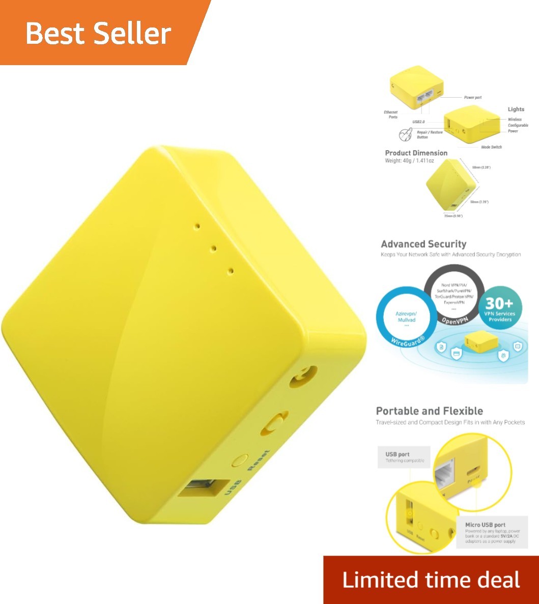 Mango Mini Travel Router GL-MT300N-V2 - OpenVPN & Ethernet Ports for Easy Setup