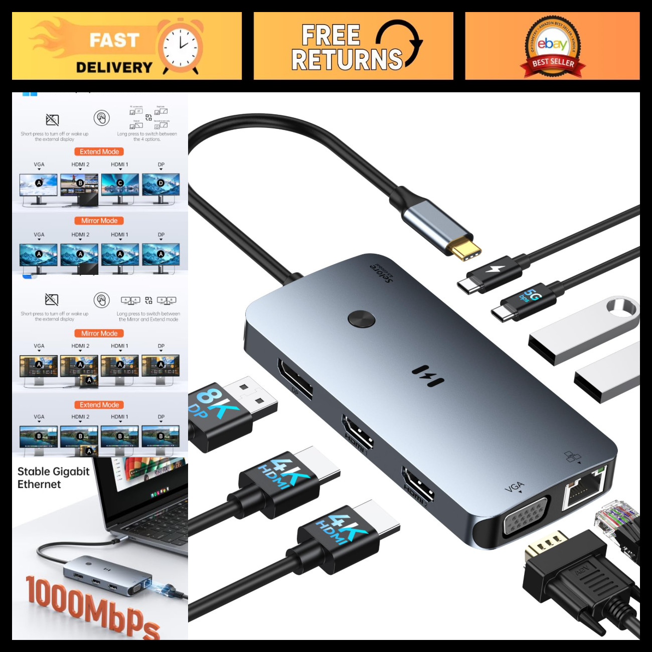 USB C Docking Station for Dual & Triple Monitors, Laptop Hub with HDMI & USB Por