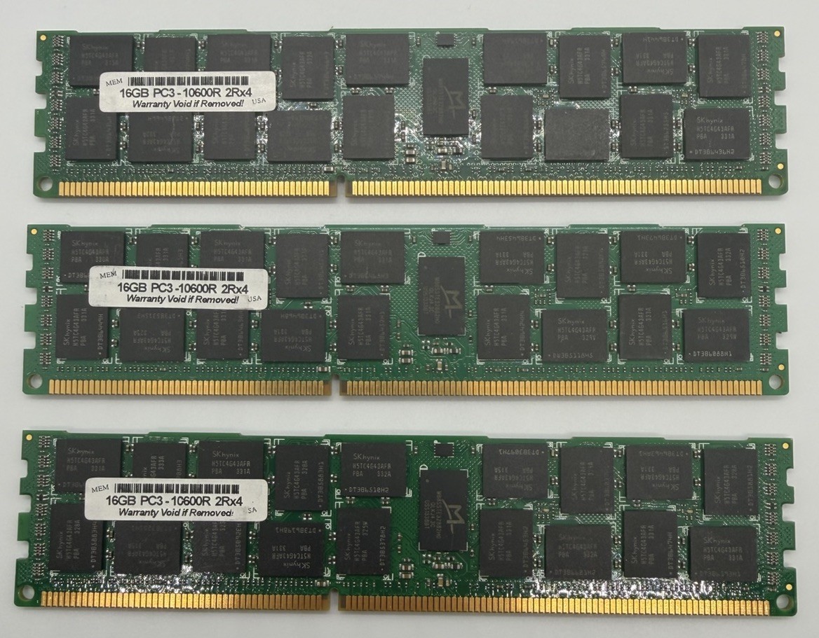 LOT OF 3 SK Hynix 16GB (48gb Total) PC3-10600R 2Rx4 DDR3 Server RAM