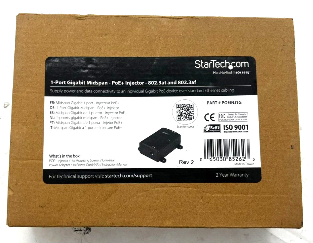 StarTech 1 port Gigabit Midspan- Poe + injector 802.3at, 802.3af (New Open Box)