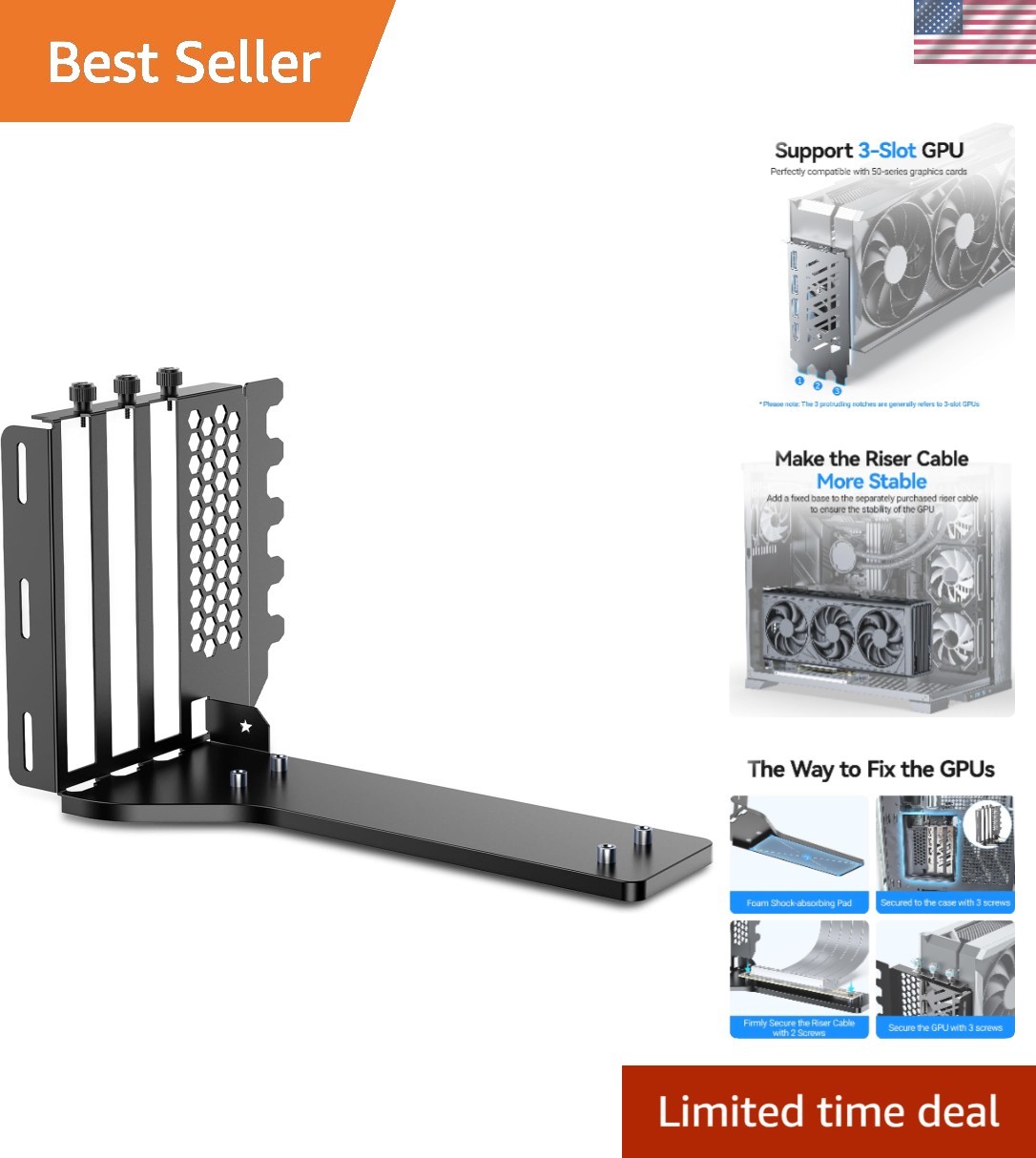Stylish Black Vertical GPU Holder for Secure PCIe Mounting - Brushed Design