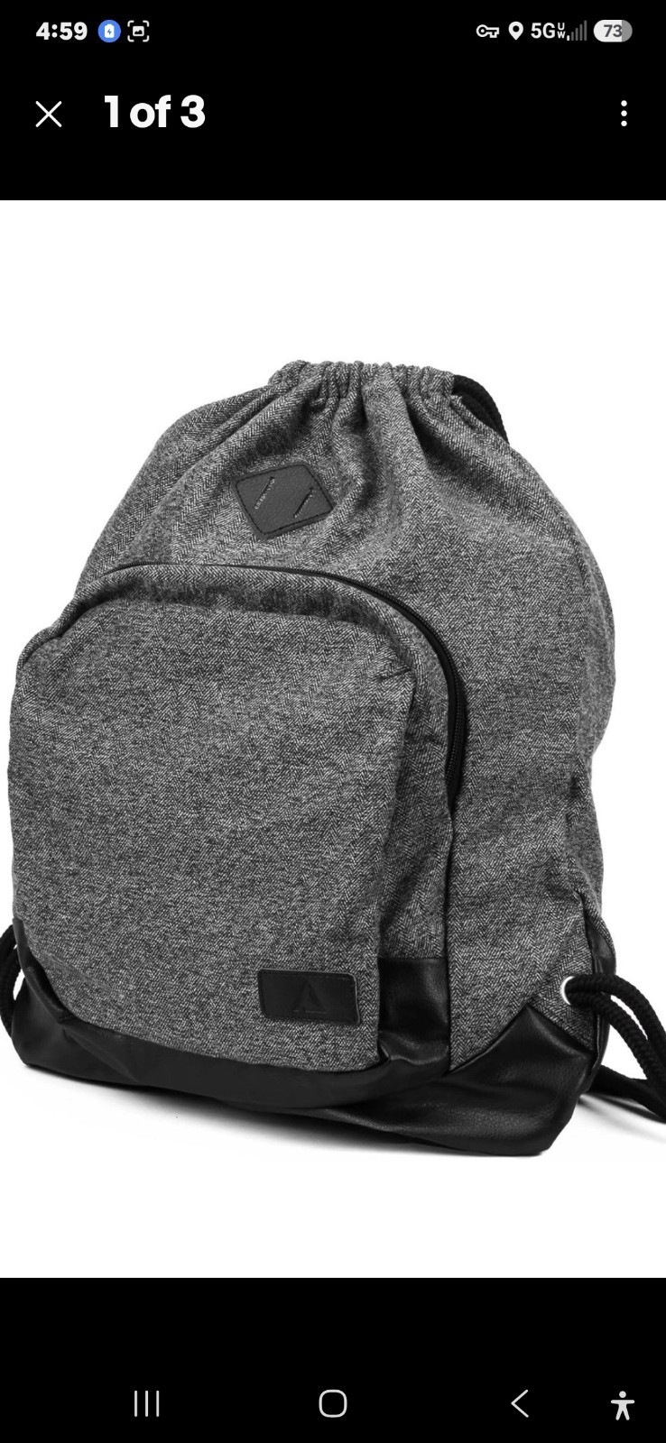 Artifact vegan leather felted wool laptop drawstring backpack gray herringbone
