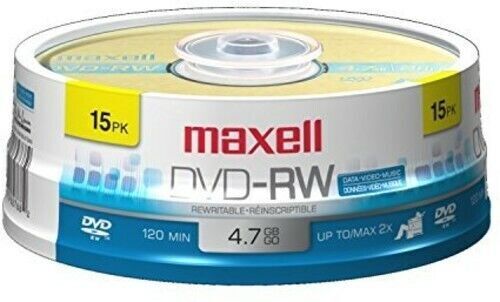 WB Maxell 635117 DVD-RW DVD Rewritable DVD Discs 4.7GB 2X 120 Min Spindle 15Pack