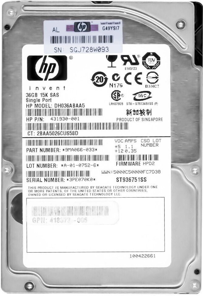 HARD DRIVE HP DH036ABAA5 431930-001 36GB 15000RPM 16MB CACHE SAS 2.5" inch