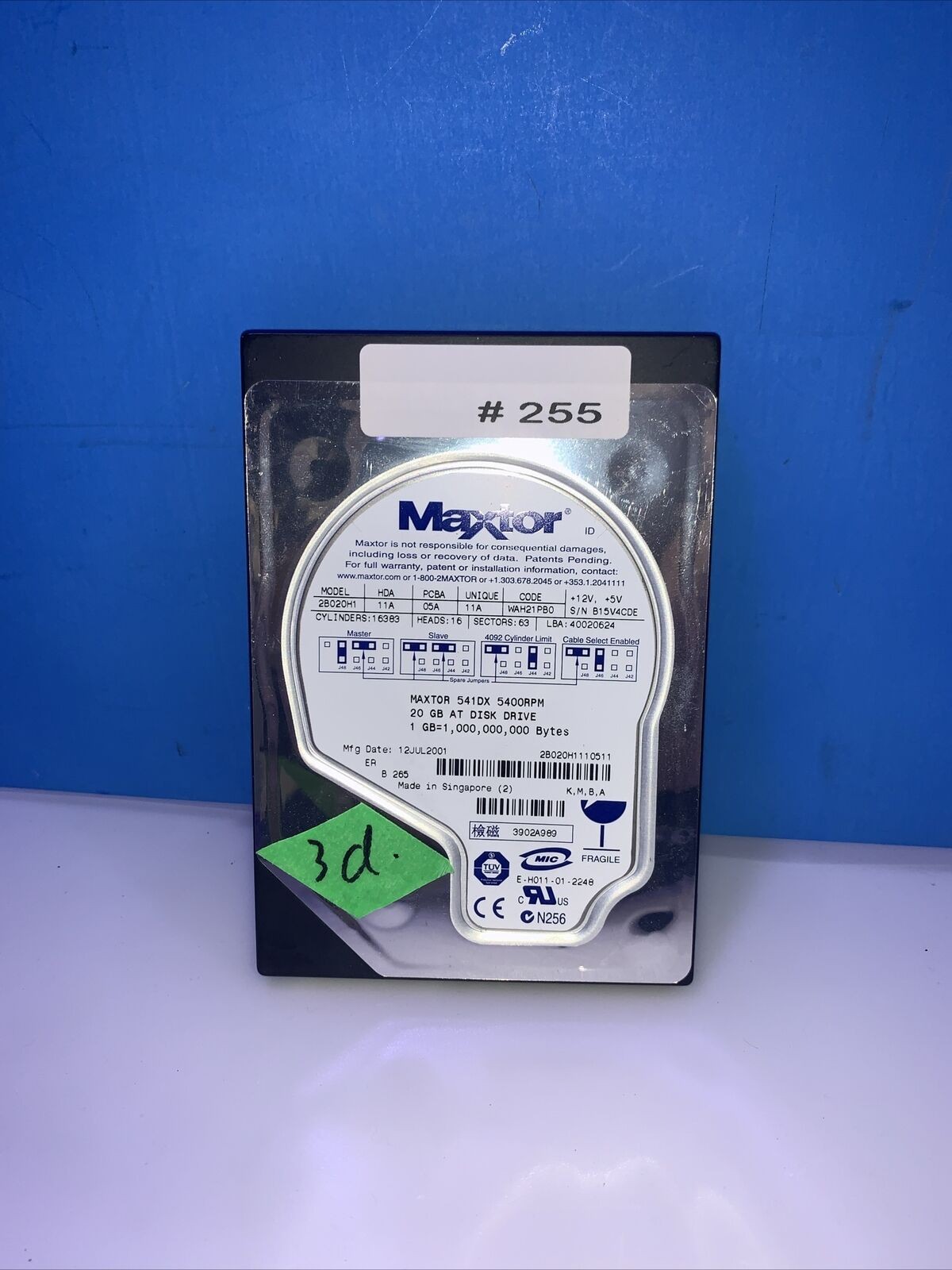 3-days 3.5'' IDE Hard Drive Maxtor 541DX 5400RPM 20GB WAH21PBO 2B020H1 11A 05A