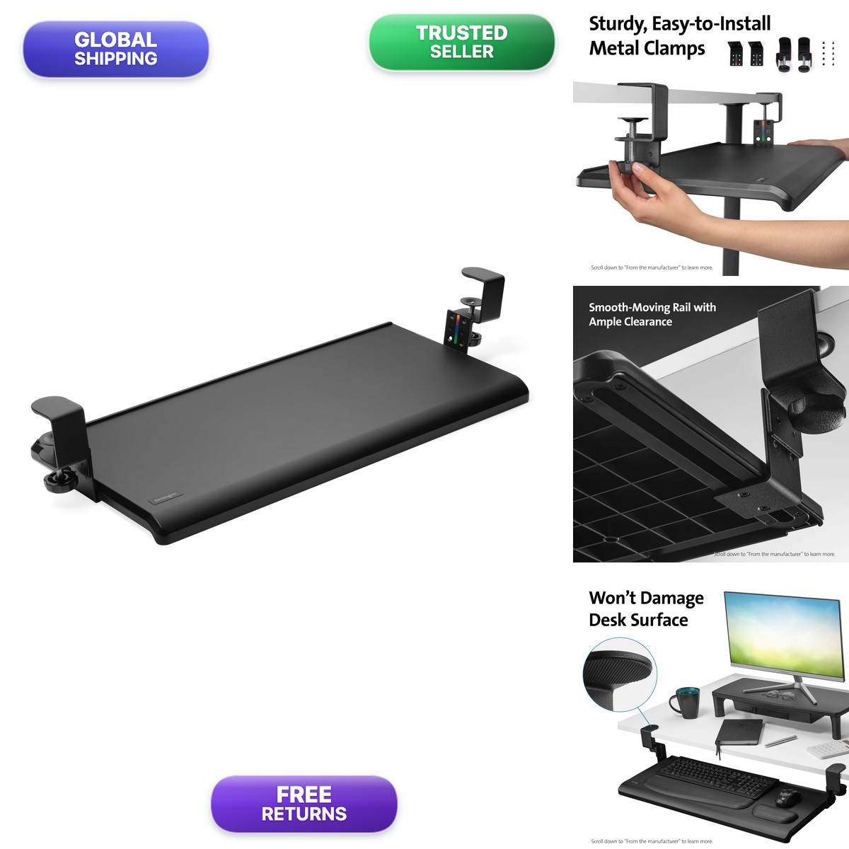 Kensington K55407WW Clamp-On Under Desk Keyboard Tray Black 13.3"x32.4"x2.4"