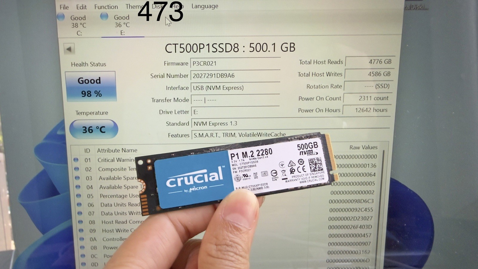 Crucial by Micron P1   500GB M.2 2280 NVMe SSD CT500P1SSD8 health 98%