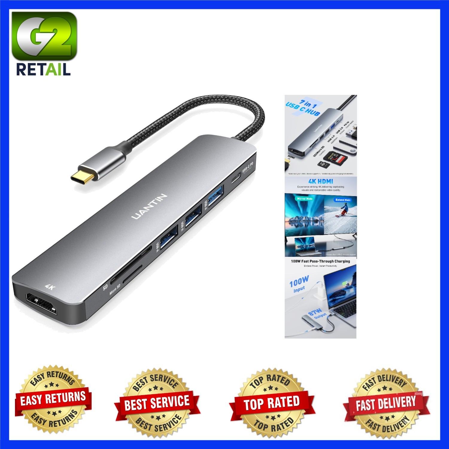 Compact USB C Hub with 7-in-1 Ports, 4K HDMI, and Ultra-Fast Power Delivery