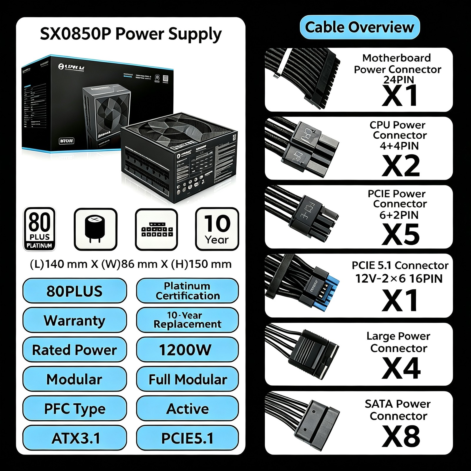 LIAN LI SX1200P 1200W Platinum Full Modular ATX3.1 PC Power Supply