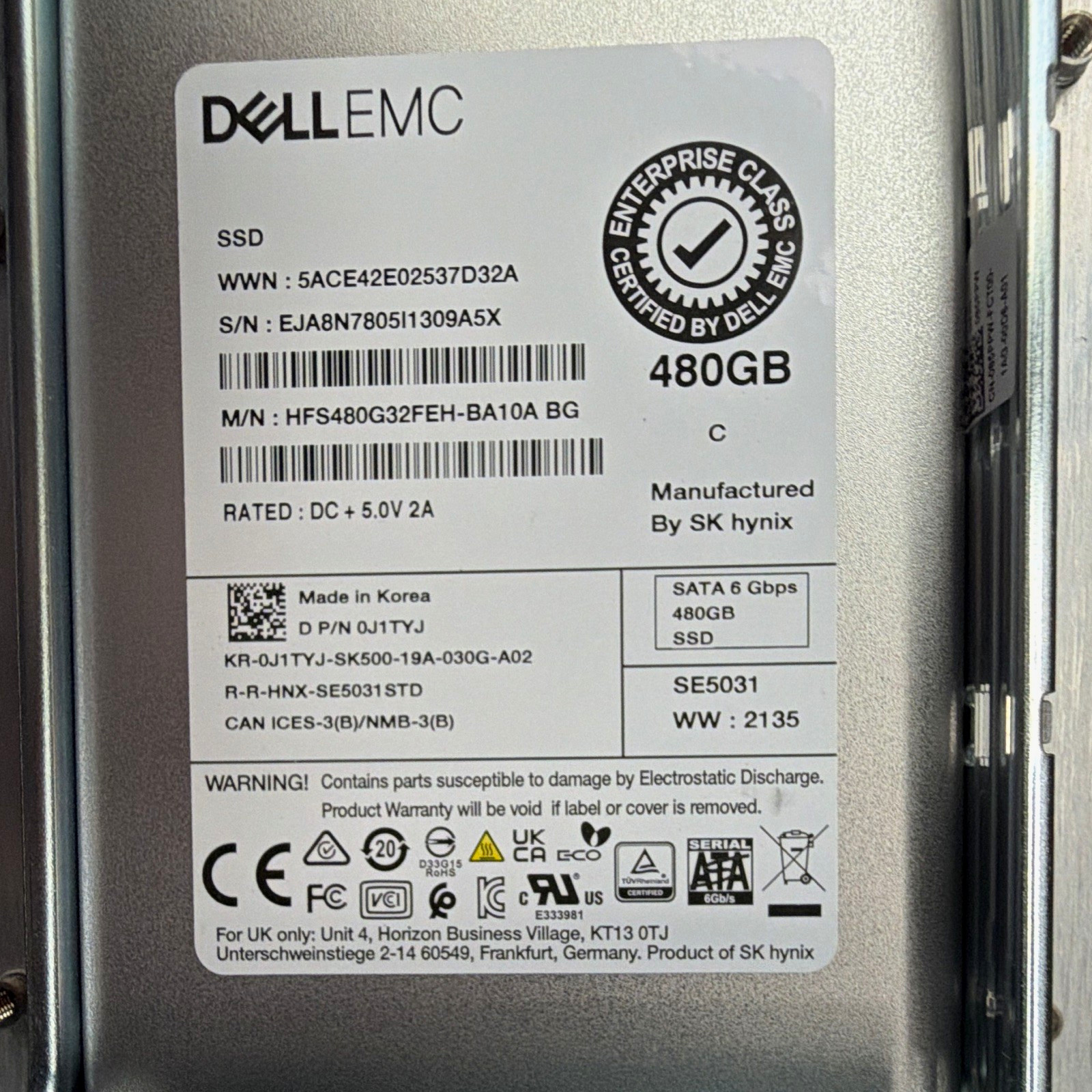 Dell EMC 480GB 2.5" Internal SATA III SSD 6Gbps Hot Swap HFS480G32FEH