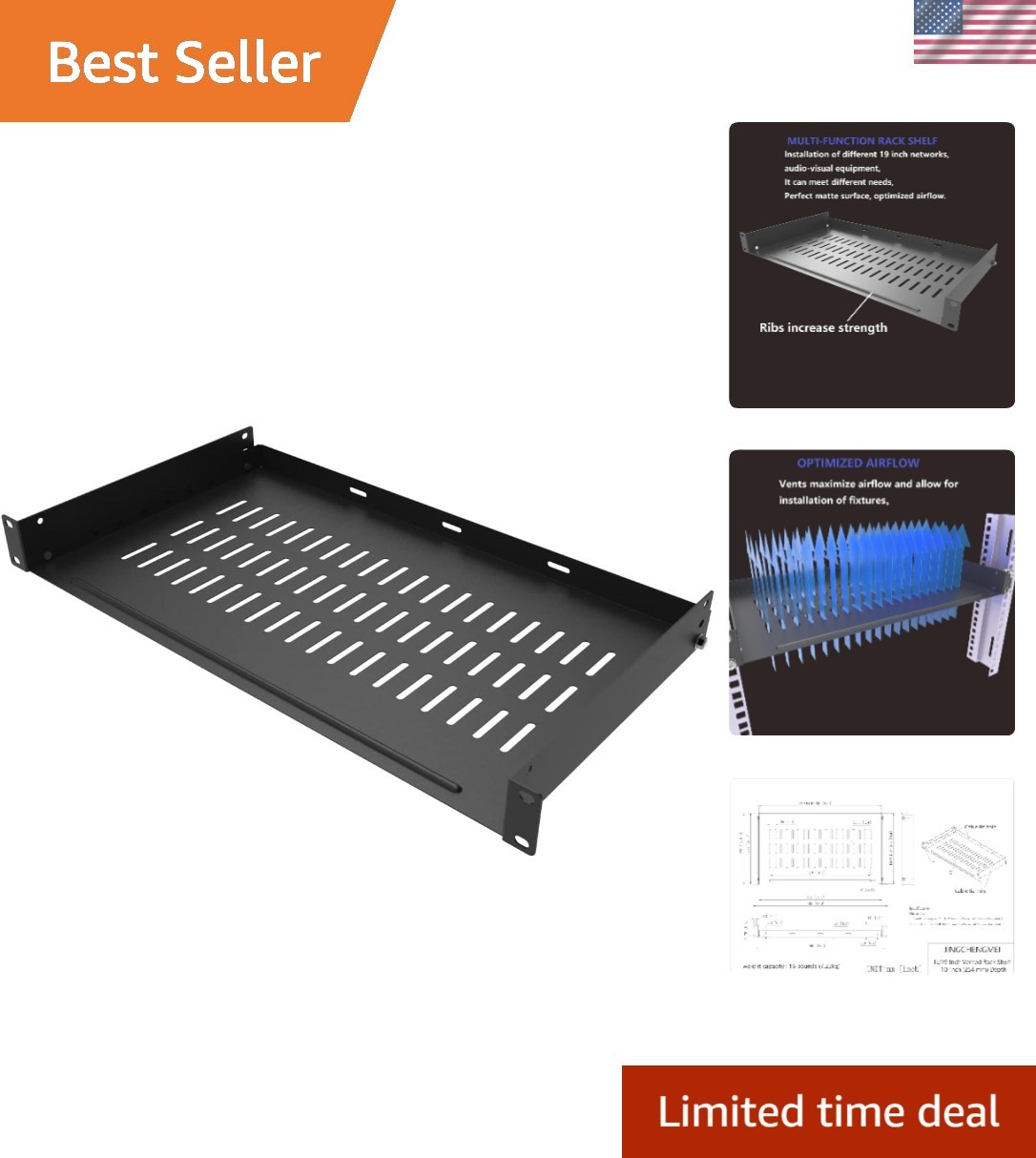 Heavy-Duty 1U Server Shelf - 10" Deep Vented Metal Tray, Max 22 lbs Capacity